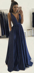 Simple v neck dark blue long prom dress, evening dress