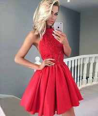 Red lace satin short prom dress, red homecoming dress