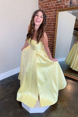 Yellow sweetheart A-line satin long prom dress yellow formal dress