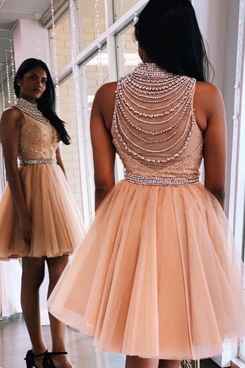 Unique high neck tulle beads short prom dress homecoming dress