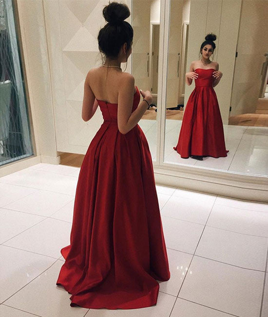 Red satin long prom dress, simple red evening dress