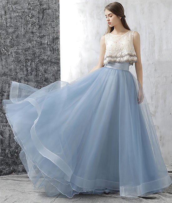 Elegant two pieces tulle long prom dress, tulle homecoming dress