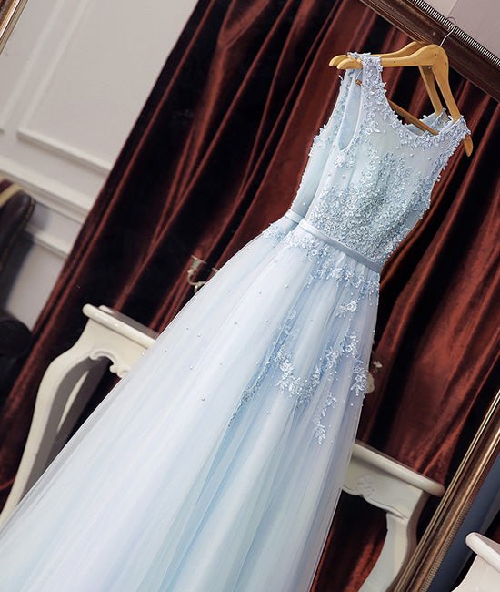 Light blue round neck lace tulle long prom dress blue evening dress