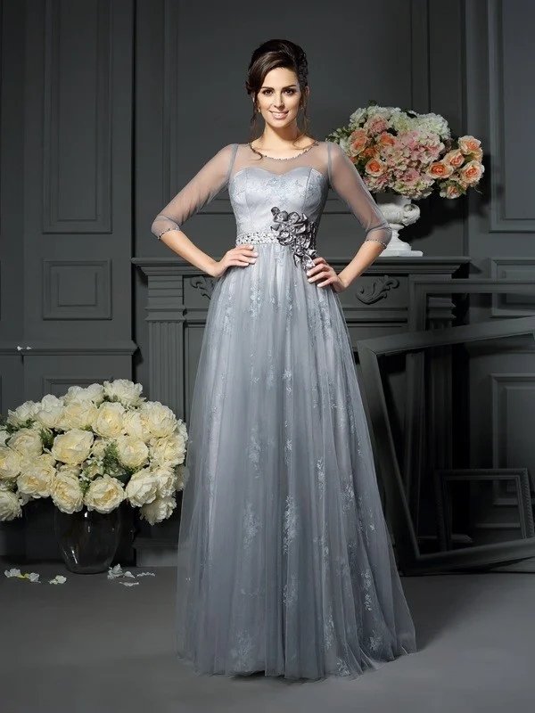 A-Line/Princess Scoop Lace 1/2 Sleeves Long Satin Mother of the Bride Dresses