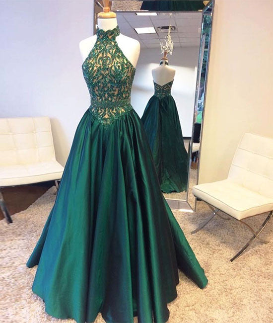 Green high neck long prom dress, green evening dress