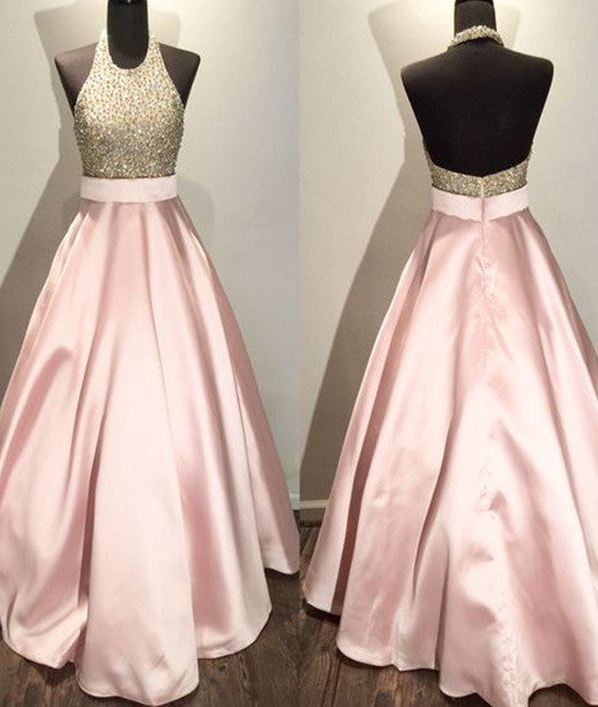 Pink round neck sequin long prom gown, pink evening dress for teens