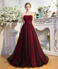 Unique burgundy tulle long prom dress, burgundy evening dress