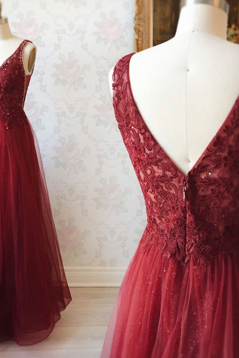 Burgundy v neck tulle sequin lace long prom dress