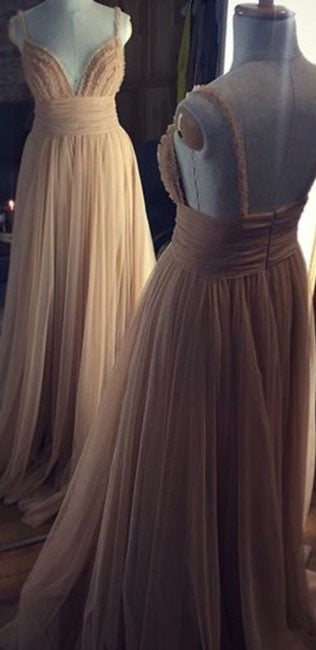 Champagne tulle long prom dress, tulle evening dress for teens