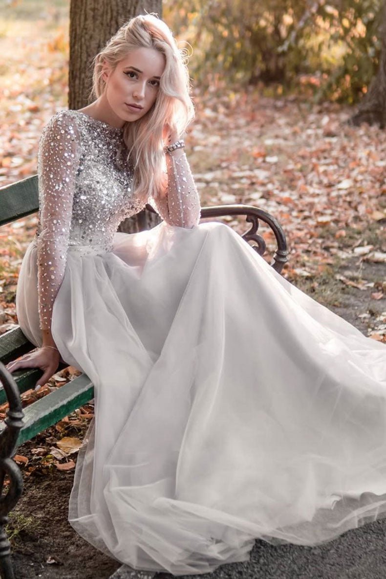 Gray tulle sequin beads long prom dress gray tulle formal dress