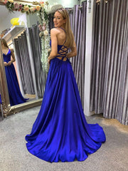 Simple A line blue long prom dress, backless blue evening dress