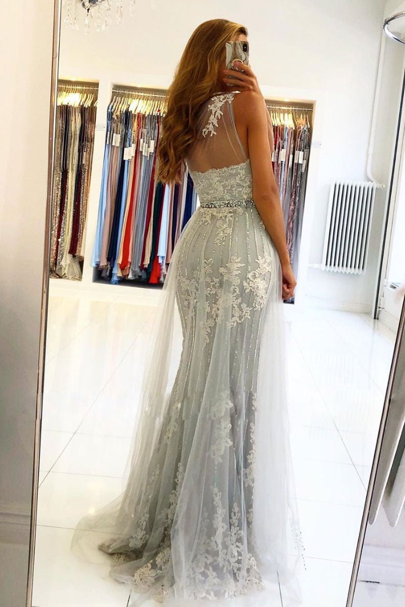 Gray one shoulder lace tulle long prom dress gray evening dress