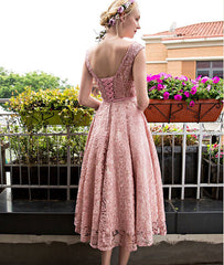 Pink round neck lace short prom dress,lace bridesmaid dress