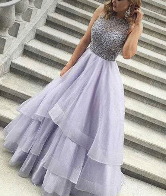 Cute round neck sequin long prom dress, tulle formal dress