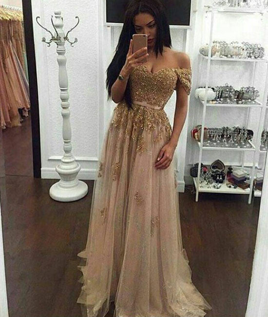 gold sequin lace off shoulder tulle long prom dress, evening dress