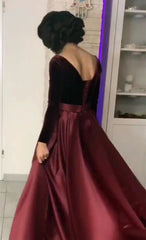 Velvet Long Sleeves Satin Prom Dresses Leg Slit Evening Gowns