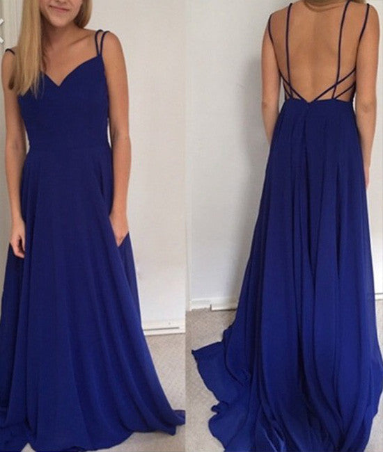 Simple Royal Blue long prom dress, backless evening dress