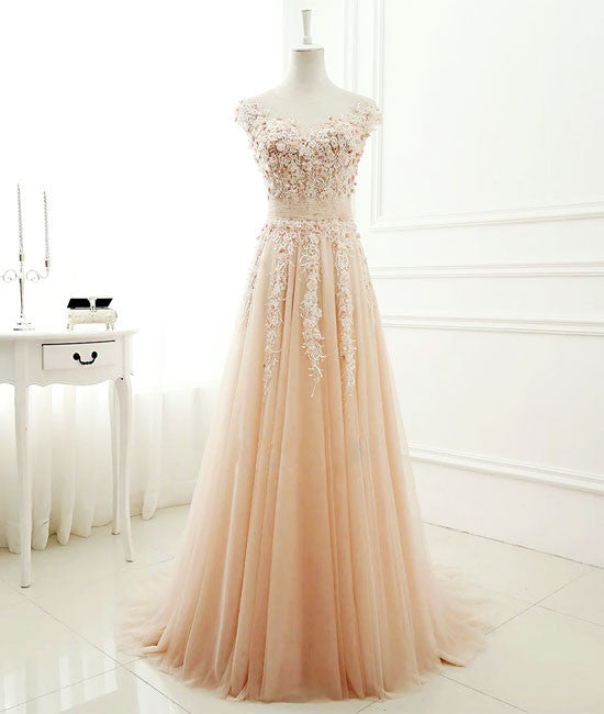 A-line round neck tulle lace long prom dress, evening dress