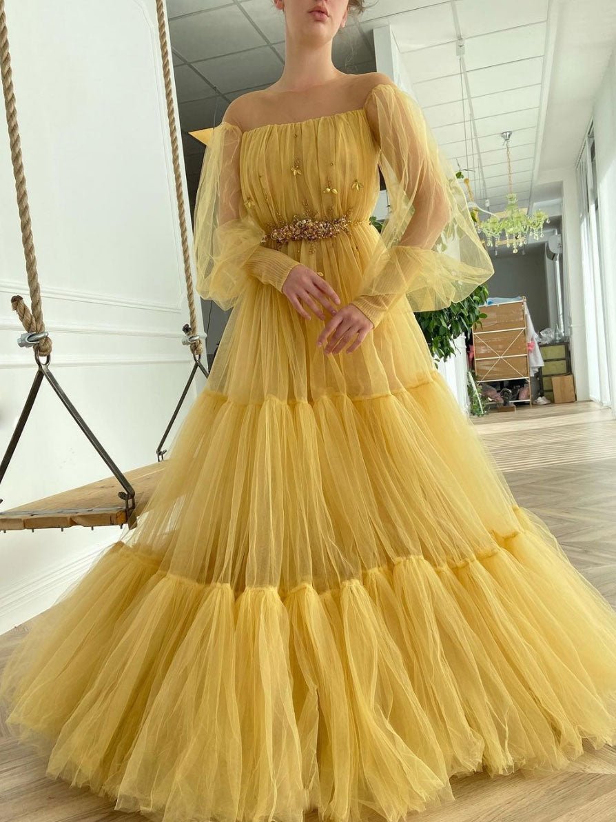 Yellow round neck tulle beads long prom dress, yellow evening dress