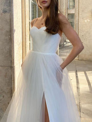 Simple White tulle long prom dress, white long evening dress