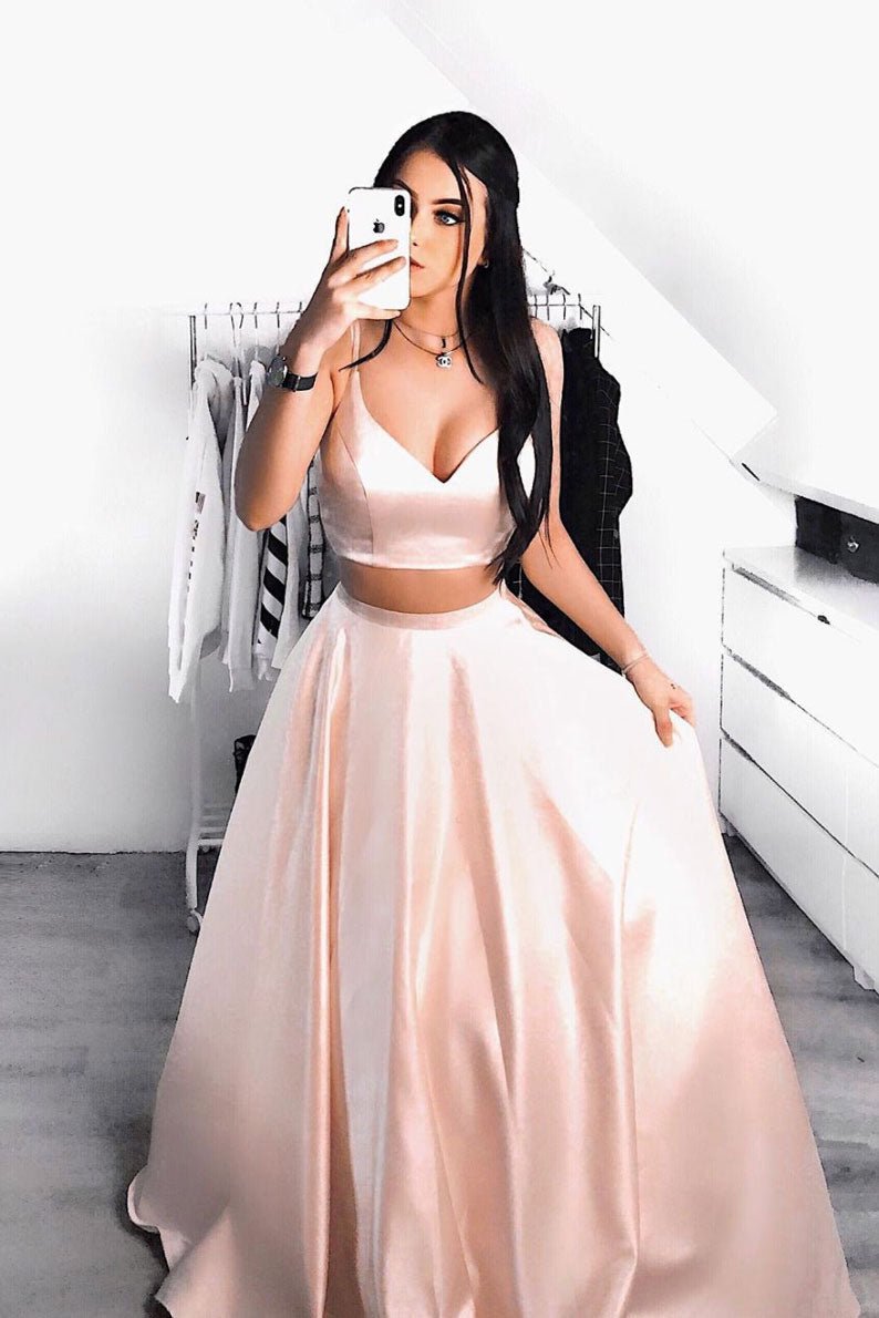 Simple pink two pieces long prom dress pink formal dress