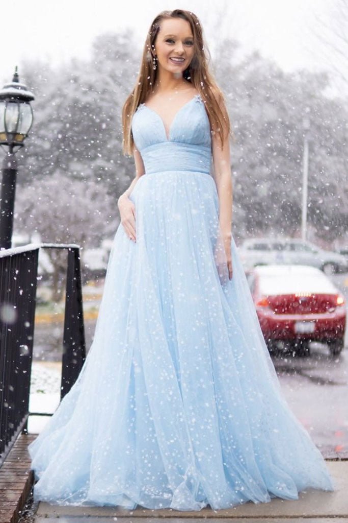 Simple blue tulle long prom dress tulle evening dress