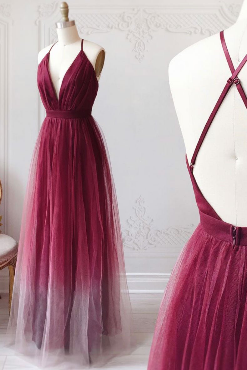 Burgundy v neck tulle long prom dress burgundy tulle long formal dress
