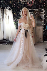 Light pink tulle off shoulder lace long prom dress tulle formal dress