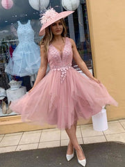 Pink v neck tulle lace short prom dress, pink tulle lace formal dress