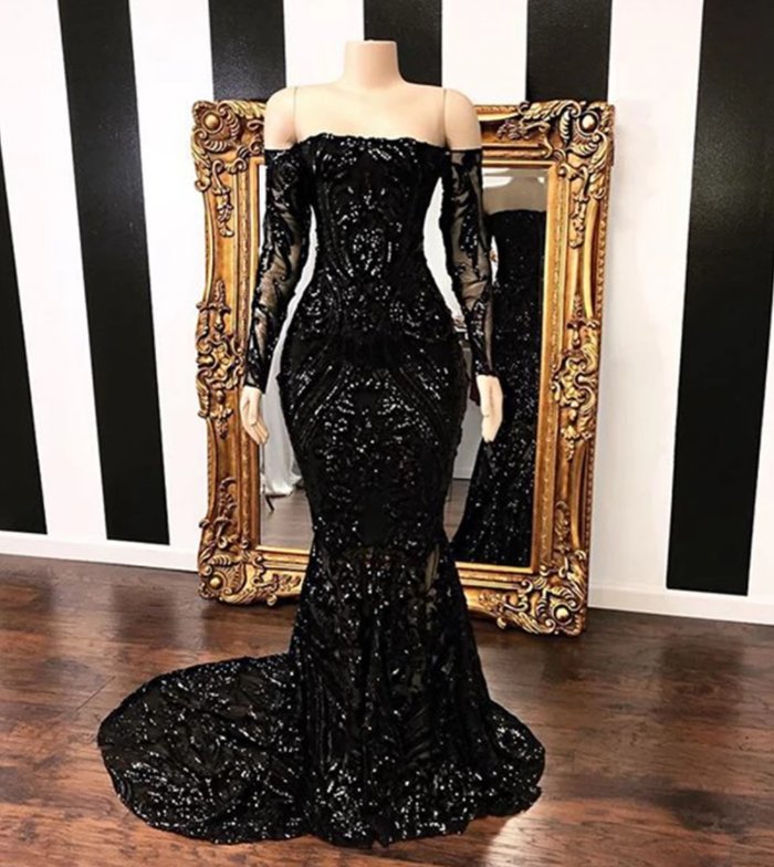 Black Robe De Soiree Mermaid Long Sleeves Appliques Sequins Long Prom Dresses