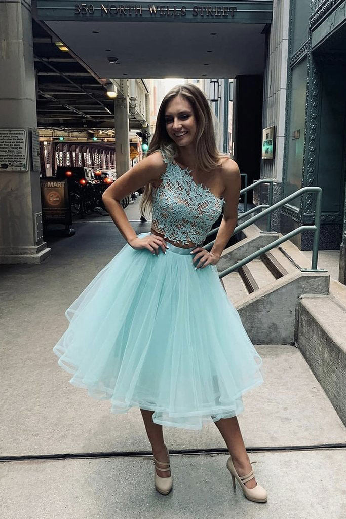 Blue one shoulder tulle lace short prom dress blue lace homecoming dress