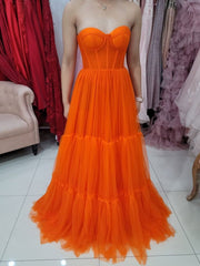 Orange Aline tulle long prom dress, orange tulle evening dress