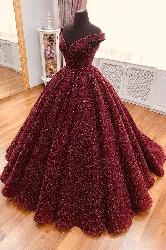 Burgundy tulle sequin long prom dress, burgundy long evening dress