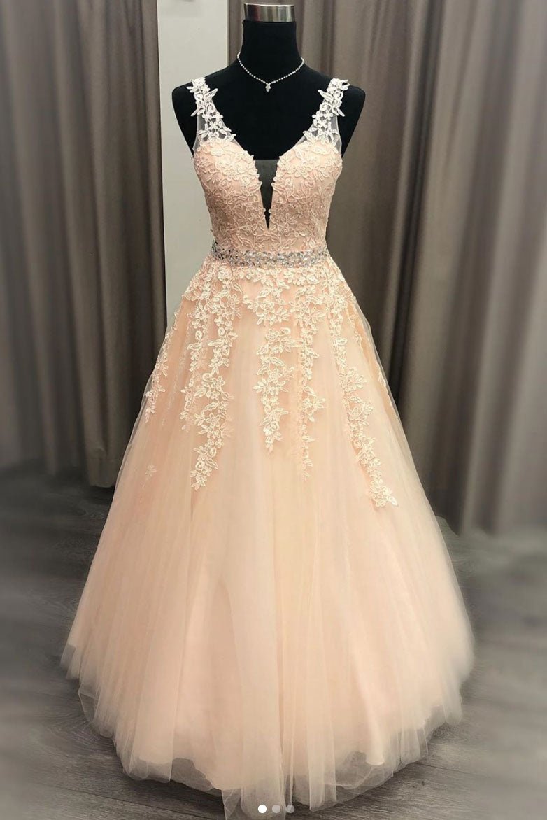 Pink v neck tulle lace long prom dress pink evening dress