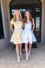 Cute satin short prom dress, yellow homecoming dress