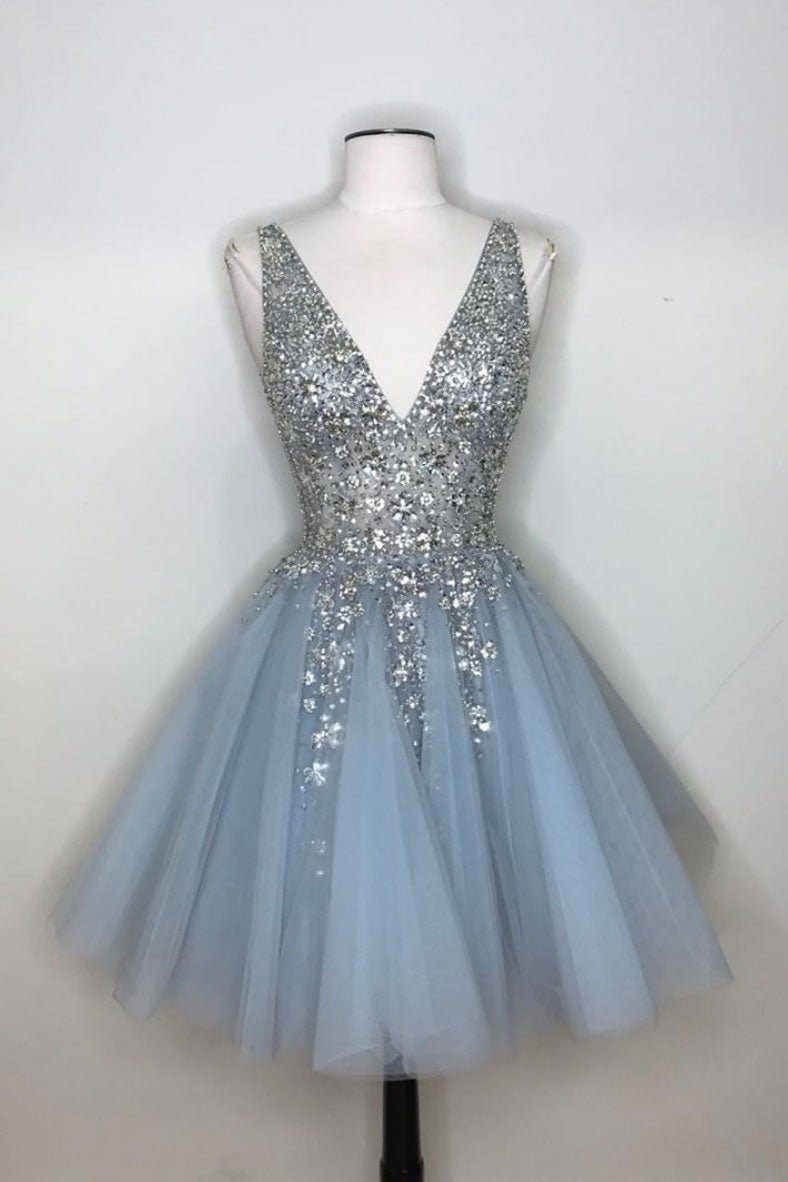 Blue v neck tulle sequin short prom dress, blue homecoming dress