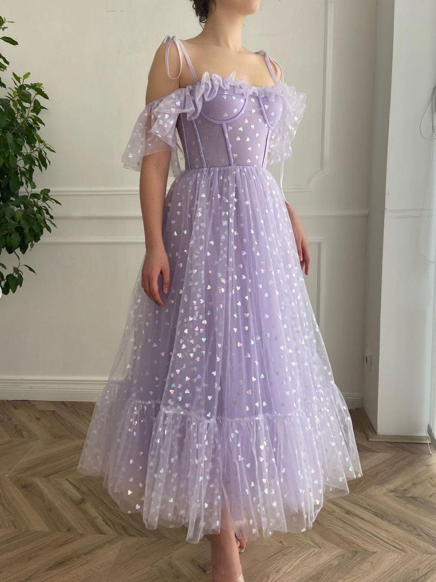 Purple tulle tea length prom dress, purple evening dress