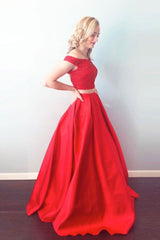 Red two pieces satin long prom dress red long evening dress