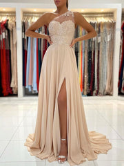 Champagne chiffon lace long prom dress, champagne bridesmaid dress