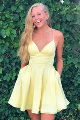 Simple yellow v neck satin short prom dress yellow homecoming dress