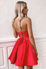 Simple sweetheart red satin short prom dress red homecoming dress