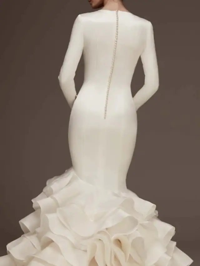 Mermaid / Trumpet Wedding Dresses V Neck Sweep / Brush Train Satin Long Sleeve Plus Size Modern Elegant with Cascading Ruffles
