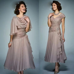 Tea Length Mother Of The Bride Dresses A-line Off The Shoulder Chiffon Beaded Plus Size Long Groom Mother Dresses Wedding