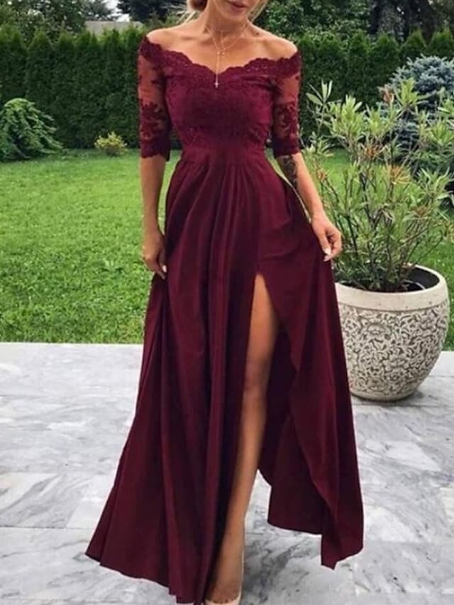 A-Line Minimalist Sexy Wedding Guest Formal Evening Dress Off Shoulder Half Sleeve Floor Length Charmeuse with Pleats Split Appliques