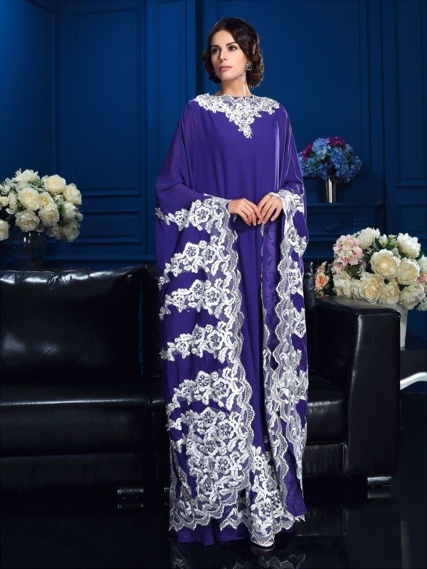 A-Line/Princess Scoop Applique Long Sleeves Long Chiffon Mother of the Bride Dresses