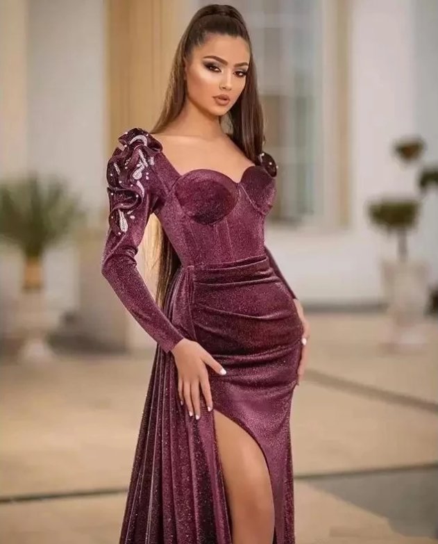 Slit Evening Dresses Mermaid Sweetheart Long Sleeves Velvet Long Turkey Dubai Saudi Arabic Evening Gown Prom Dresses