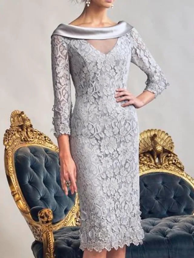 Sheath / Column Mother of the Bride Dress Elegant Bateau Neck Knee Length Lace Polyester Long Sleeve with Appliques
