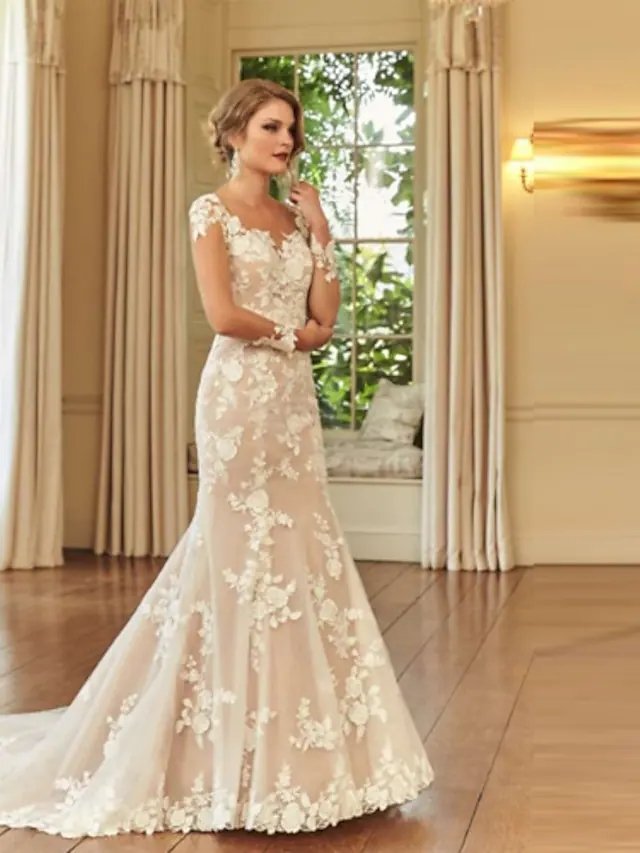 Mermaid / Trumpet Wedding Dresses Jewel Neck Court Train Lace Long Sleeve Romantic See-Through Illusion Sleeve with Embroidery