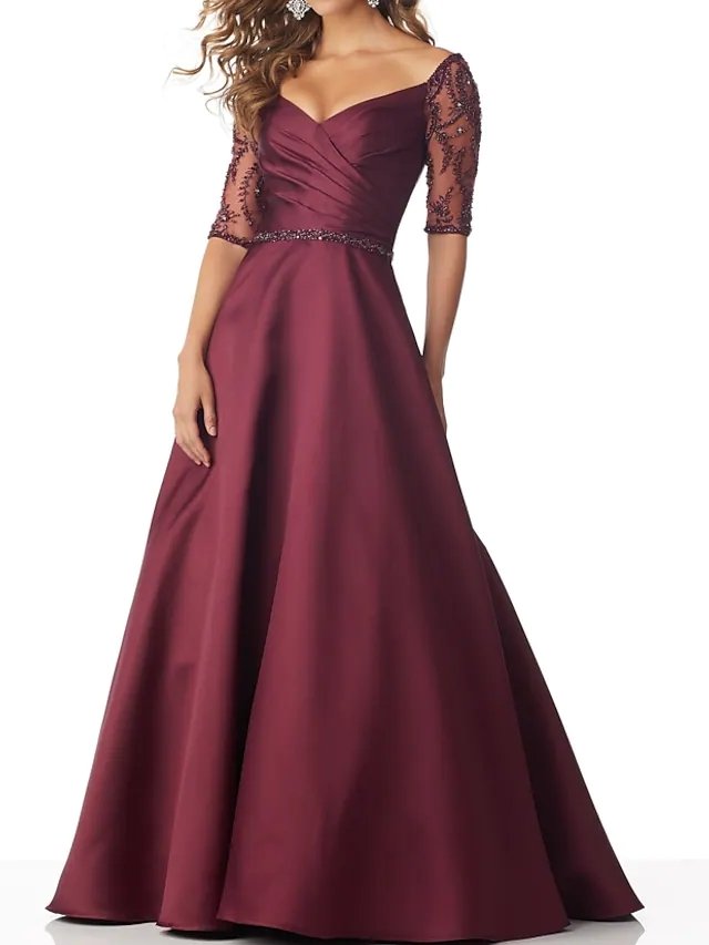 A-Line Mother of the Bride Dress Sexy V Neck Floor Length Satin Half Sleeve with Sash / Ribbon Beading