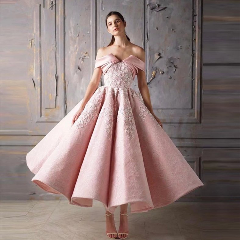 Pink Muslim Evening Dresses Ball Gown Off The Shoulder Appliques Lace Islamic Dubai Saudi Arabic Long Formal Evening Gown